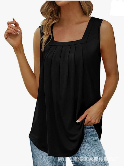 European and American Cross-Border 2023 Amazon Pleated Square-Neck Sleeveless Solid Color Tank Top T-Shirt Women's Top with Pleated Design