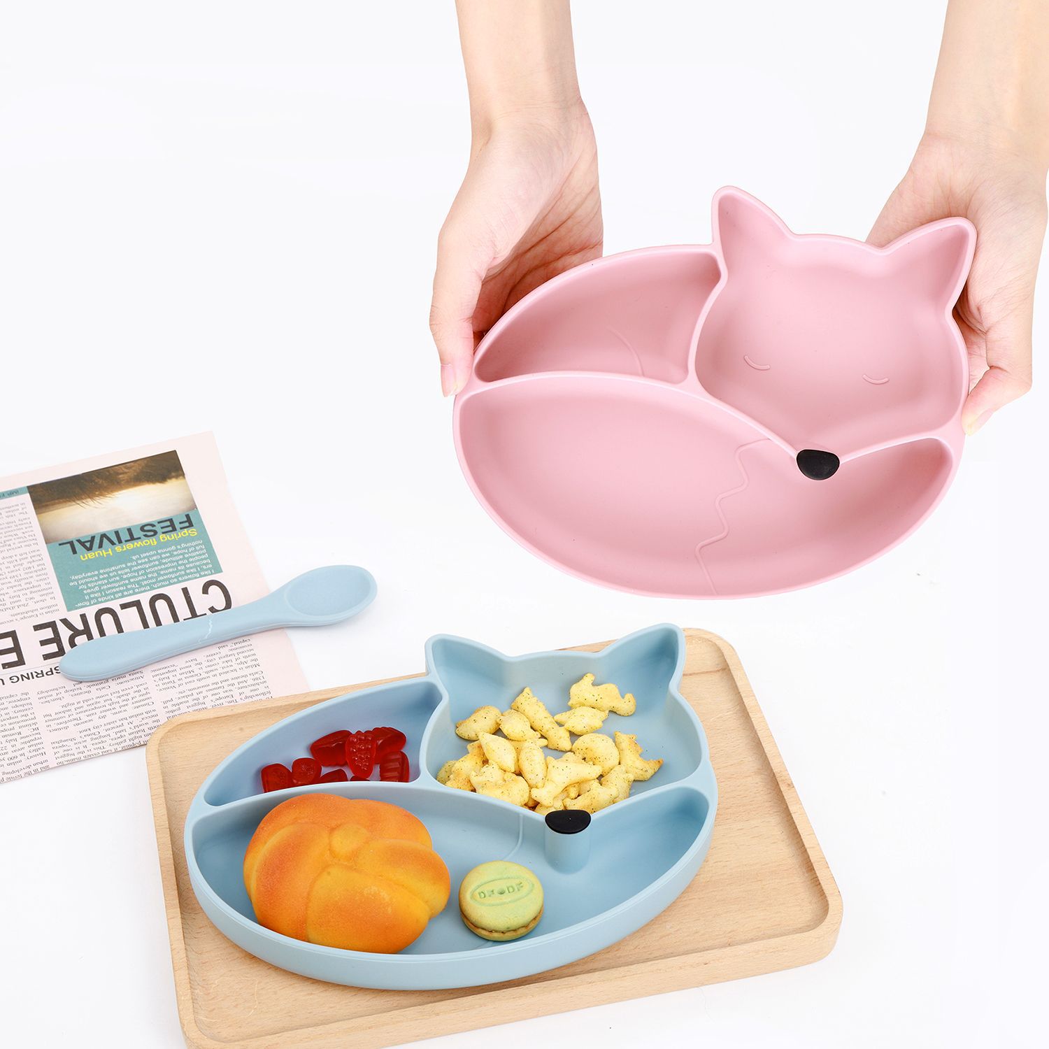 Nuevo producto Bandeja de comida para bebés Tipo de ventosa para bebés Comidas independientes Cuenco de silicona Fox Vajilla para niños Cuenco de alimentos
