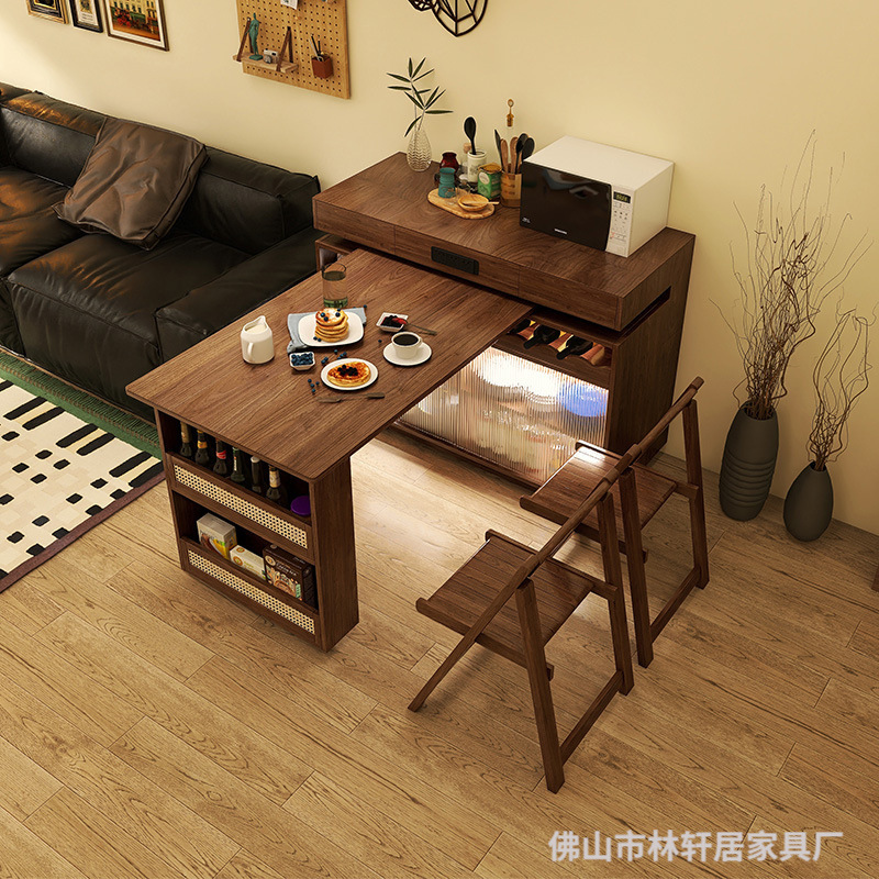 Crazy Purchase Solid Wood Rotating Island Dining Table Integrated Household Retractable Small Apartment Multi-Functional Retro Style Bar Table