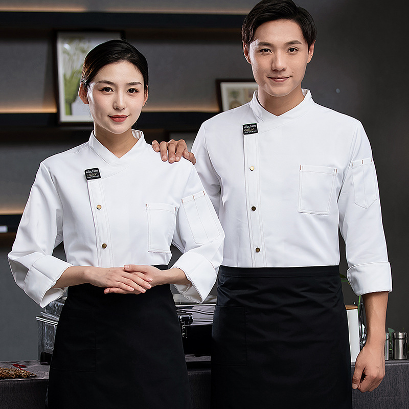 字母双线防水厨师工作服长袖春秋加厚食堂烧烤厨房宴会饭店烘焙男
