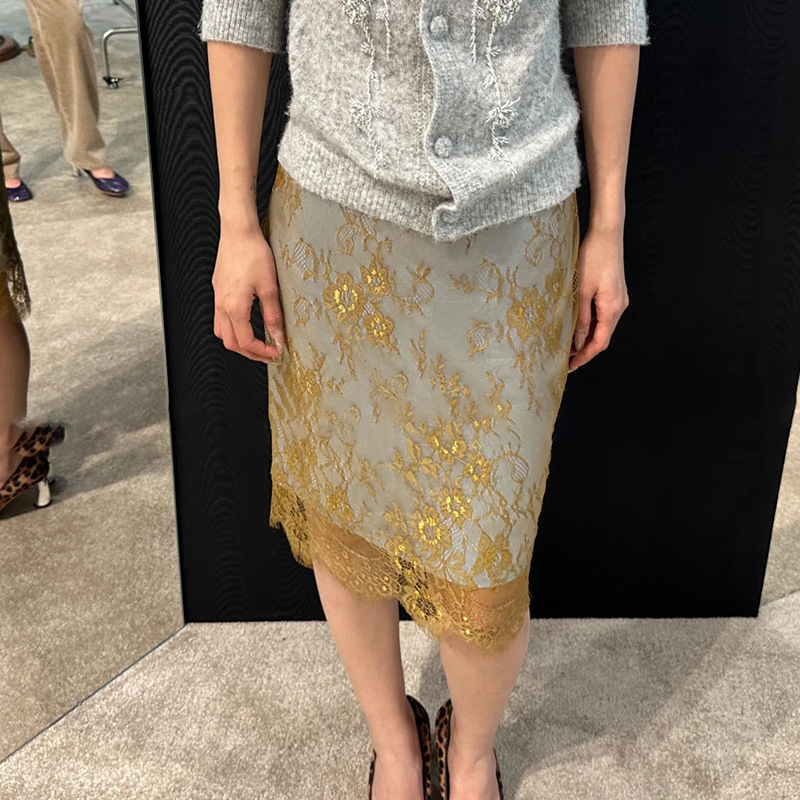 Sexy Hot Girl Versatile Color-Blocked Lace Petite Hip-Hugging Skirt Autumn French Retro High-Waisted Slimming Mid-Length Skirt