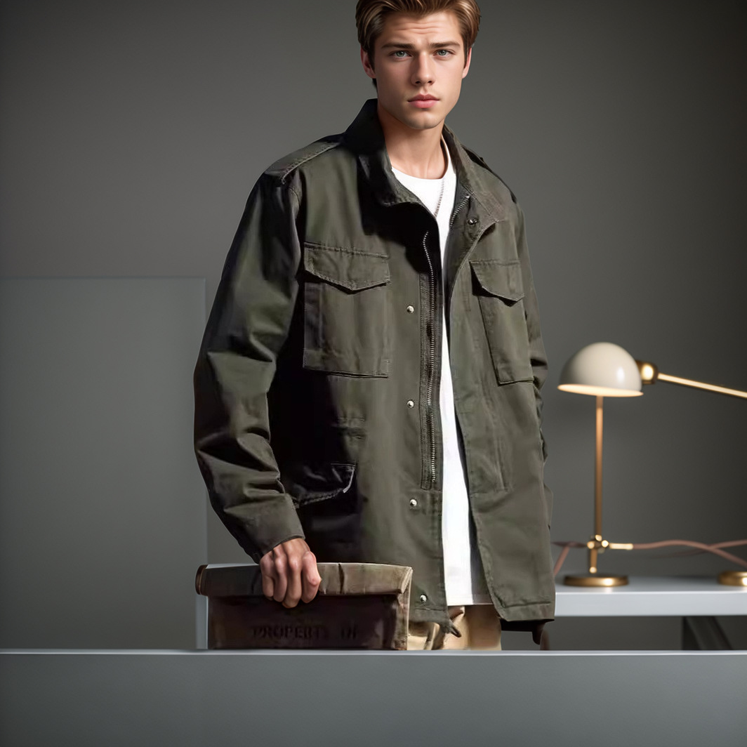 现货欧美春秋男士夹克外贸重工复古工装外套男潮流长袖宽松风衣男