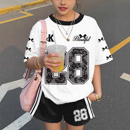 外贸跨境儿童卡通印花短袖套装夏季宽松t恤圆领短裤欧美独立站