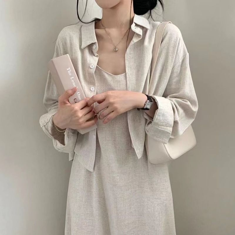 韓国版chi春秋フランスレトロ気質減齢セクシーストラップワンピースシャツコート2点セット女性|undefined
