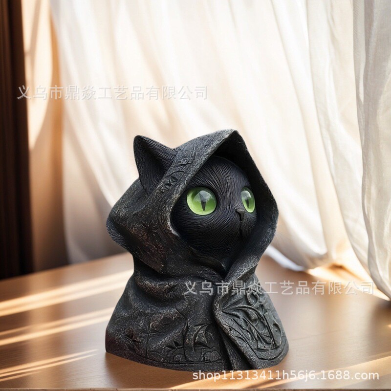 跨境新品Mysterious Hooded Cat Fiqurine身披斗篷哥特式黑猫雕像|undefined
