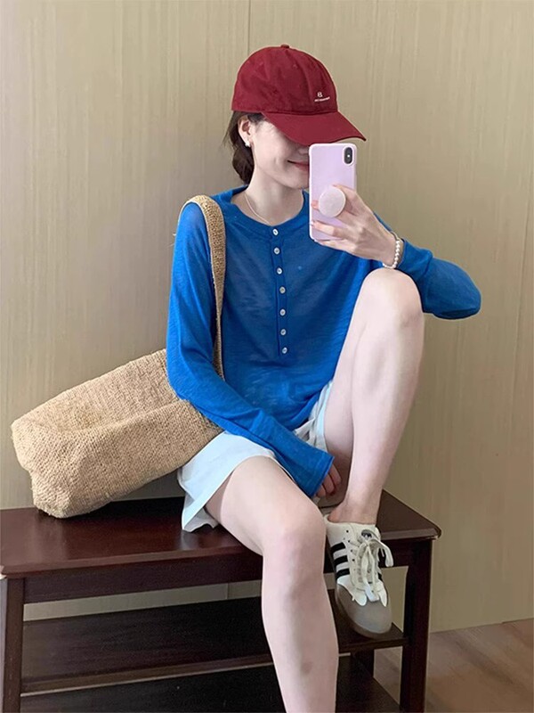 クラインブルーチュール日焼け止めブラウス女性の夏薄い小さなアイスシルク長袖Tシャツアウタートップ|undefined