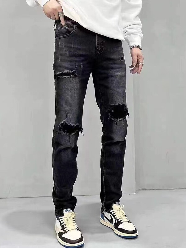 2022 Autumn New Slim Fit Zipper Men's Trendy Stretch Jeans with Fake Rips for Stylish Men