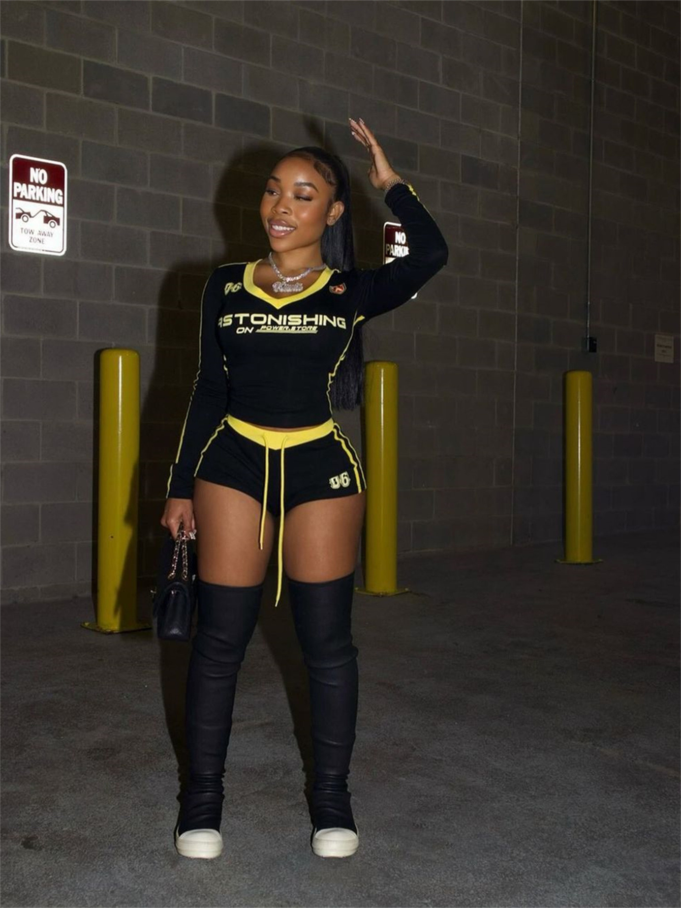 Fall Retro Contrast Color V neck Slim Fit Sexy Long Sleeve Top Drawstring Shorts Two Piece Sets