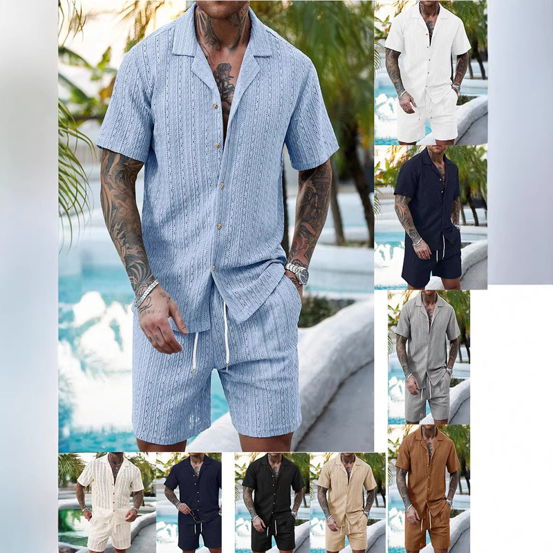 Cross-Border European and American 2026 New Style Tk Casual Men's Cardigan Summer Short-Sleeved Shirt Drawstring Shorts Two-Piece Set Men's Clothing