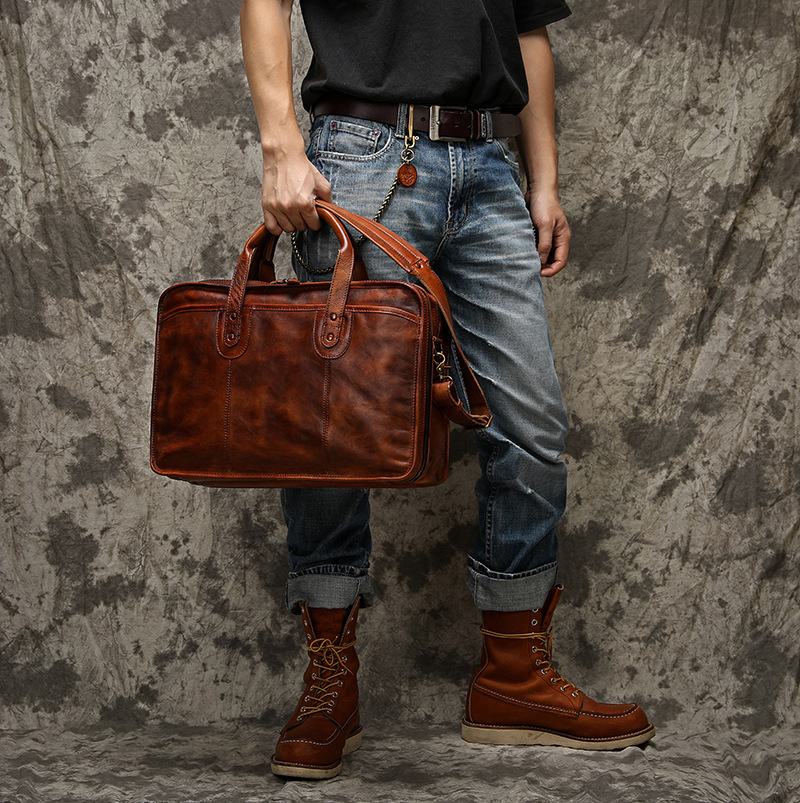 Men's Handmade Genuine Leather Handheld Bag, Plant Tanned Leather Computer Bag, Crossbody Large Capacity Functional Multi business Briefcase_voghion.com