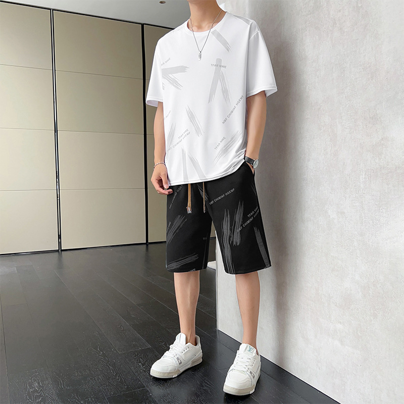 Cross-Border Ice Silk Casual Suit Men's Summer Thin Loose Sports Quick-Drying Short-Sleeved T-Shirt Shorts Two-Piece Set Large Size