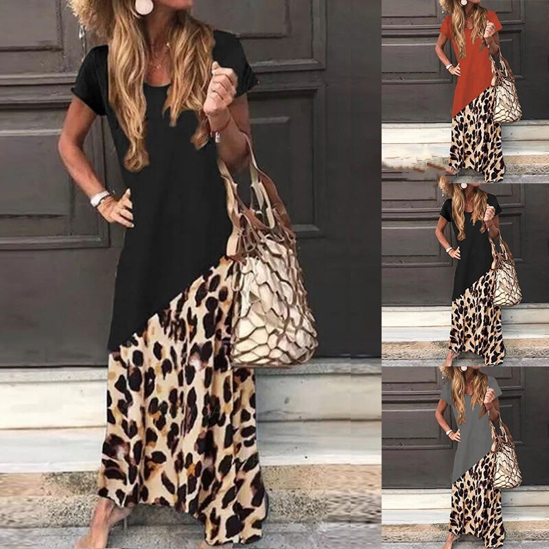 2022 Cross-border New Aliexpress Wish Women's Casual Short-sleeved Leopard Print Loose Splicing Maxi Dress