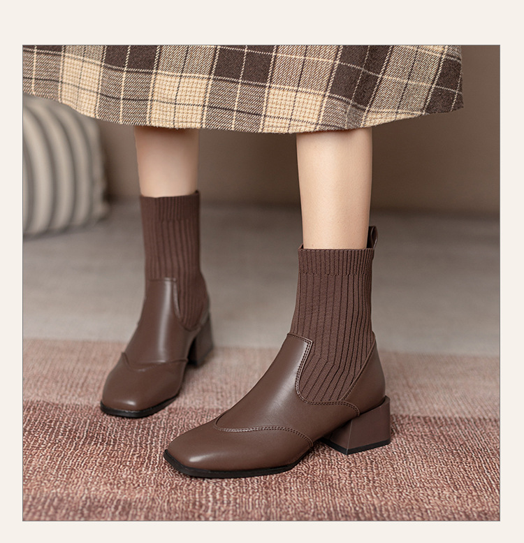 Women's Ankle Boots French Retro Square Toe Thick Heel Mid Calf_voghion.com
