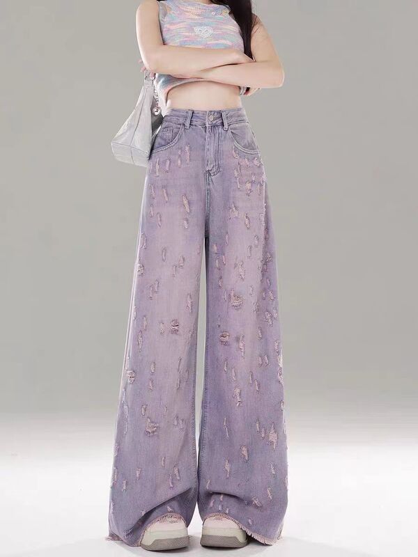 Pink-Purple High-Waisted Wide-Leg Jeans for Women, 2025 Summer New Style, Ripped with Frayed Edges, Drapey Floor-Length Pants