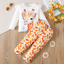 女童秋冬款套装卡通长颈鹿定位印花小飞袖上衣满印长裤休闲套装