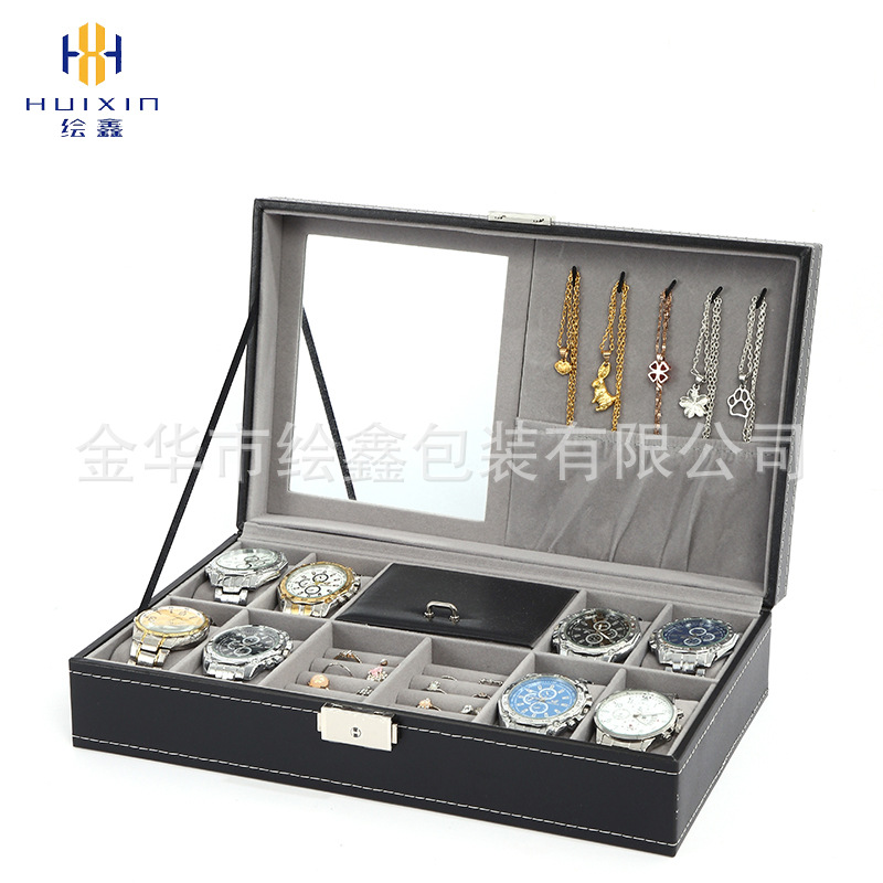 En stock al por mayor de cuero negro reloj joyería caja collar anillo con espejo cosmético joyería caja de almacenamiento caja de reloj
