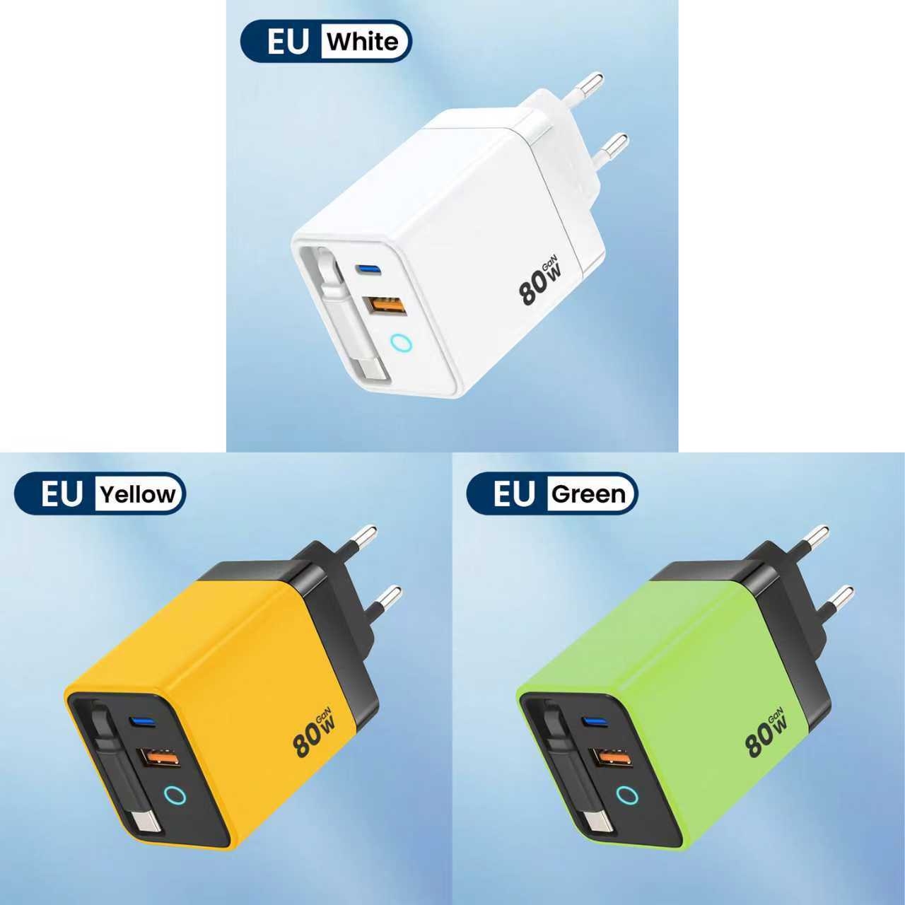 Cargador de nitruro de gallio de 80W PD cabezal de carga rápida para Apple Huawei Xiaomi con lámpara cargador de cable telescópico plegable