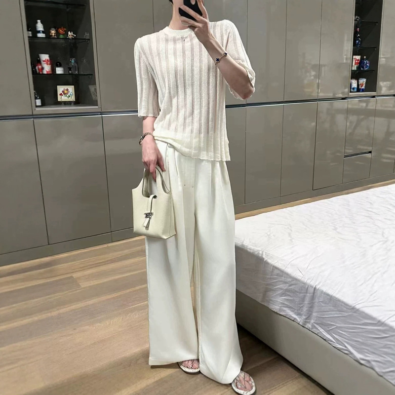 Fanbo Dt Silk Wool Linen Blend Patchwork Fine Knit Short Sleeves with Subtle Sparkle Fanbo Dt Silk Wool Linen Blend Patchwork Fine Knit Short Sleeves with Subtle Sparkle