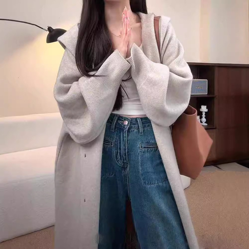 直播2025秋冬新款韩系针织开衫女慵懒风连帽中长款宽松显瘦毛衣外|undefined