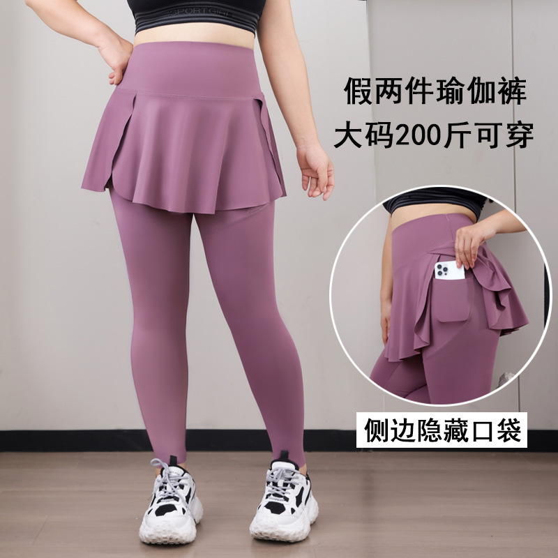 Plus Size Yoga Pants with Faux Two-Piece Skirt, High-Waisted Pocket Shark Pants, Thin 100kg Plus Size Women's Clothing, Southeast Asia Cross-Border