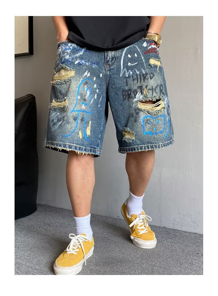 Hand Painted Graffiti Print Ripped Denim Shorts American Style High Waist Loose Fit Five Point Summer Fashion Kpop Casual Jeans_viptrois.com