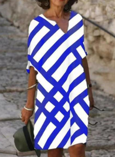 Fashionable V-Neck Striped Printed Mid-Sleeved A-Line Linen Dress_ecoleips.com