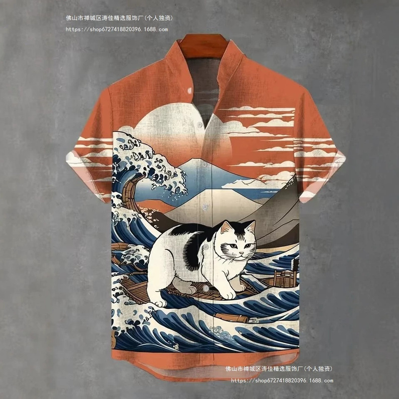 2025 Men's Shirt with Japanese Cat 3D Print, Hawaiian Shirt, Men's Casual Short-Sleeve Top, Fashionable Men's Shirt 2025 Men's Shirt with Japanese Cat 3D Print, Hawaiian Shirt, Men's Casual Short-Sleeve Top, Fashionable Men's Shirt