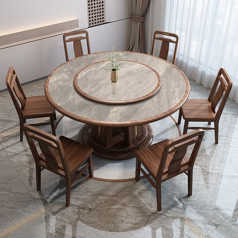 Black Walnut Solid Wood Slate Dining Table Modern Simple Large Round Table New Chinoiserie with Turntable Home 10-Person Dining Table