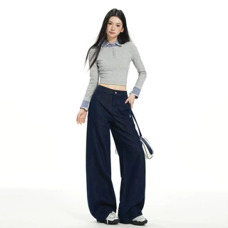深蓝色弯刀牛仔裤女直筒宽松显瘦秋冬新款2026百搭美式阔腿拖地裤
