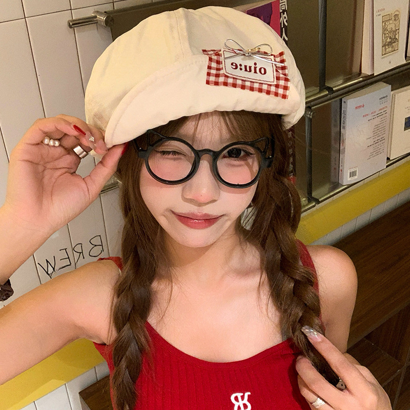 日系格纹贴布棉麻贝雷帽女夏季时尚百搭可爱显脸小云朵帽子八角帽|undefined