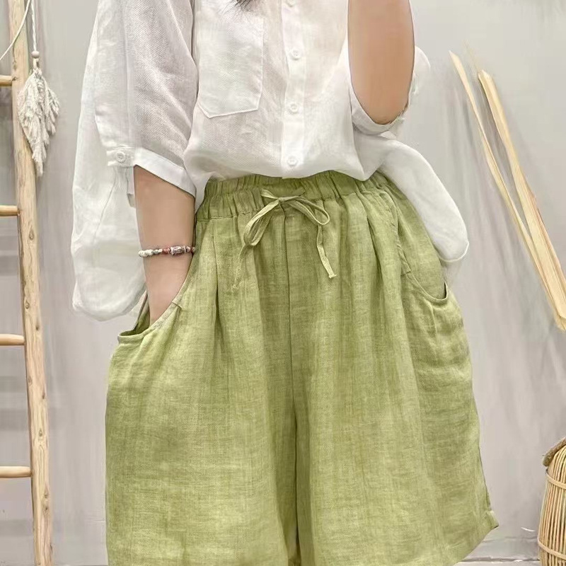 Twill Ramie Double Layer Shorts 2025 Summer New Elastic Waist Literary Retro Loose Wide Leg Shorts New Style