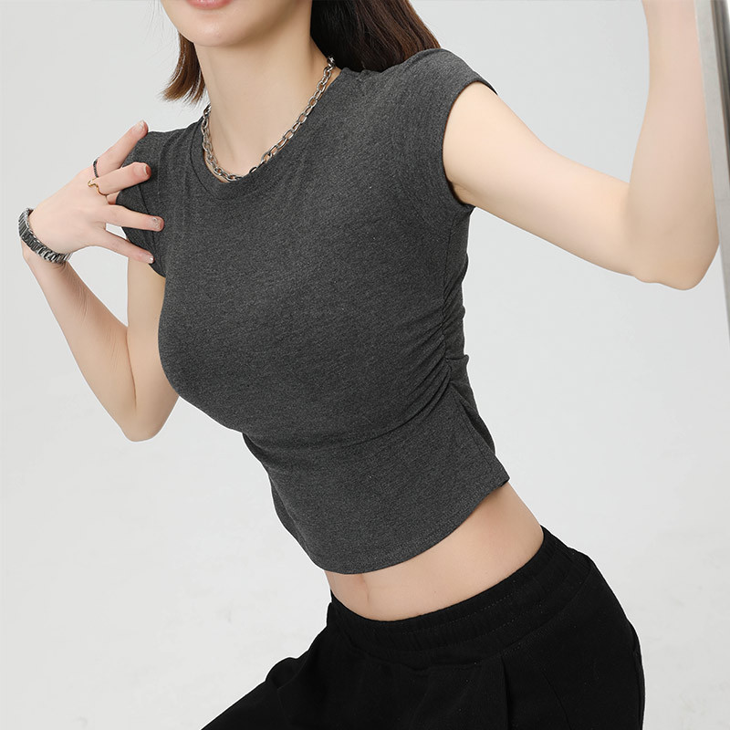 2025 Summer New Small Round Neck Solid Color Elastic Bottoming T-shirt Half Sleeve Slim Fit Short Top Navel All-match