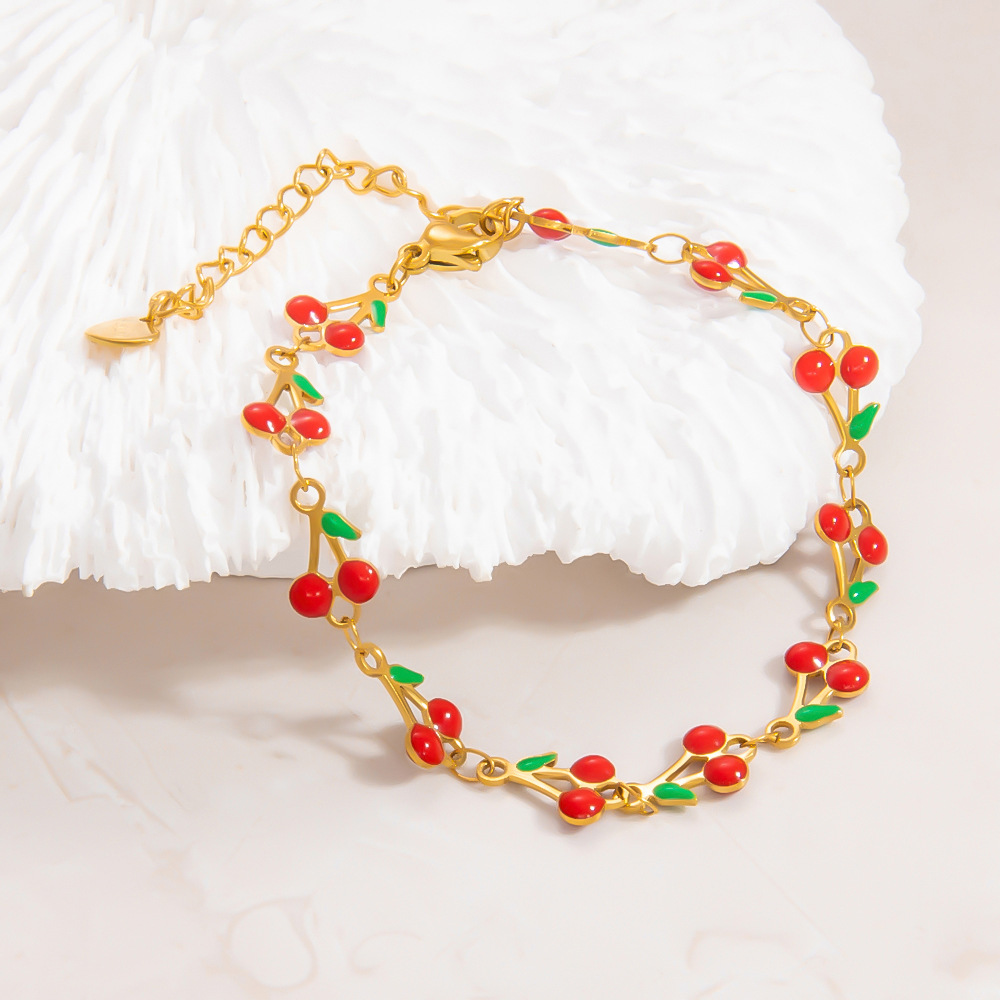Casual, Daily Occasion 304 Stainless Steel Material PVD Coated Real Gold Plated 18K Gold Cherry 304 Stainless Steel Sweet Waterproof Non Tarnish 304 Stainless Steel Lobster Trigger Clasp Closure Bracelets