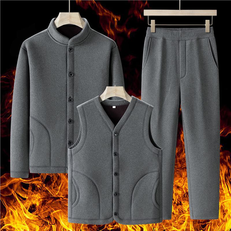 중년 및 노인 스포츠 세트 남자 겨울 따뜻한 2024 새로운 기모 두꺼운 아빠의 캐주얼 운동복 3 피스 세트