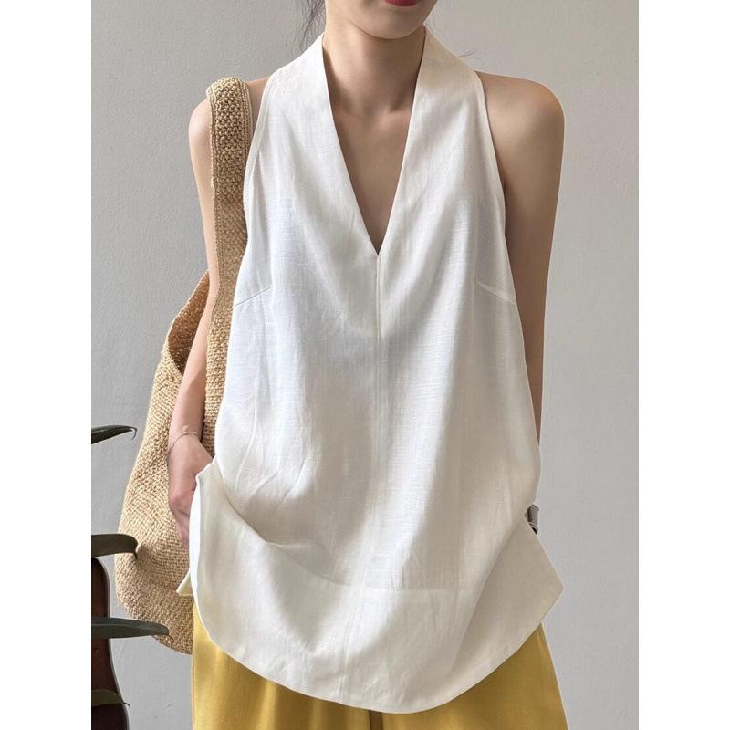 High-End Cotton and Linen V-Neck Sleeveless Thin Shirt for Women, New Summer Style, Loose Fit, Slimming Halter Neck Tank Top, Comfortable Top