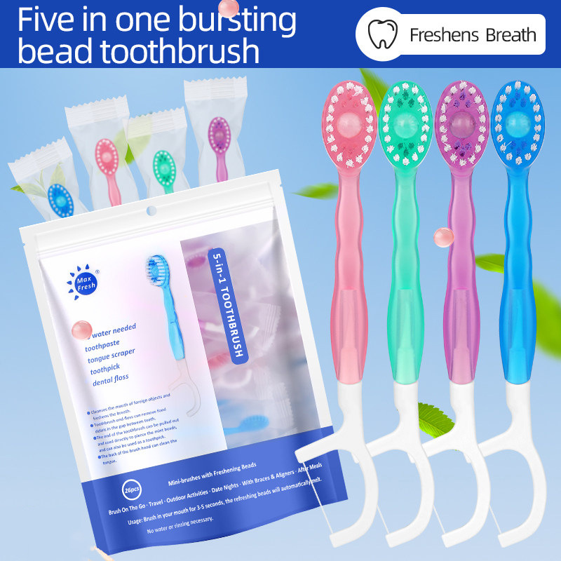 Inglés desechable mini cepillo de dientes con hilo dental cepillo de dientes de viaje multifuncional cepillo de dientes de pelo suave cepillo de dientes de embalaje independiente