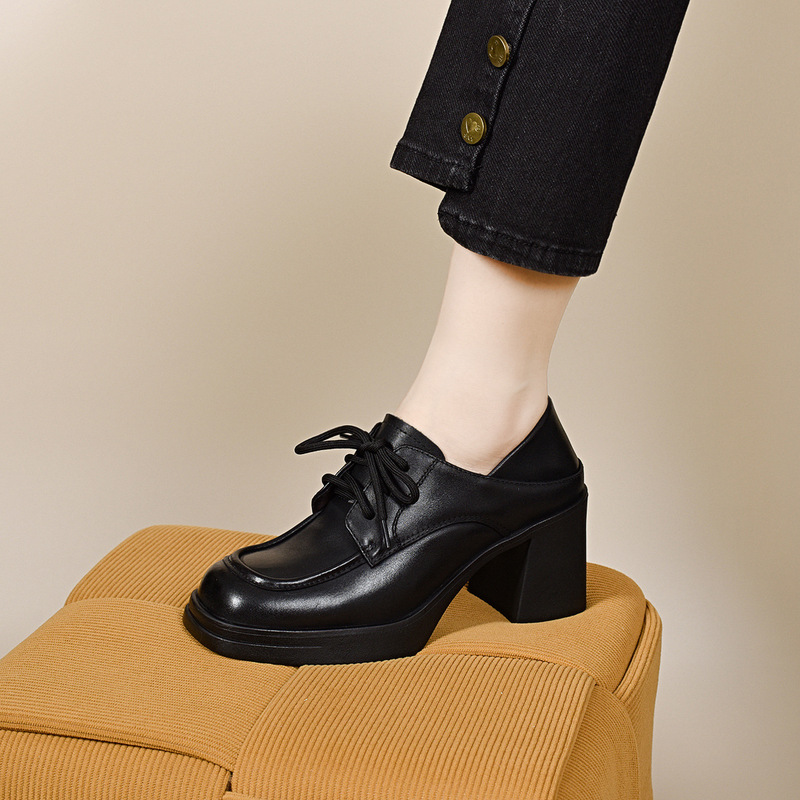 Thick-Soled Loafers for Women 2025 Waterproof Platform Thick Heel Lace-Up Flats Black British Style Small Leather Shoes Two-Wear Deep-Mouth Shoes