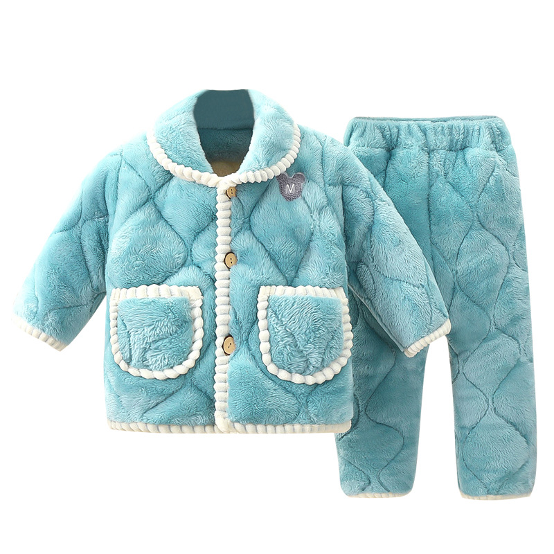 Pajamas infantiles más terciopelo engrosado en invierno 2024 niños niños niños y niñas ropa de hogar caliente ropa infantil al por mayor