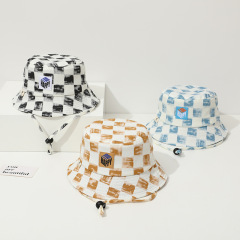 漸變方塊兒童盆帽春夏2024新款男女寶寶格子盆帽休閒帽平頂漁夫帽