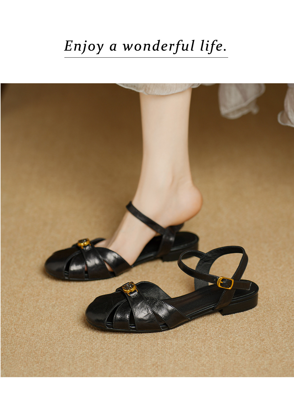 Sandal nữ bít mũi da cừu quai ngang hoa trà đế thấp — Màu đen chi tiết 9
