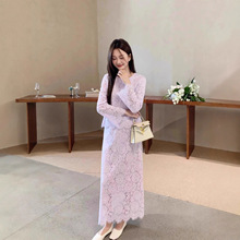 南油高端原创设计女装新款法式精致镂空蕾丝圆领上衣+半身裙套装