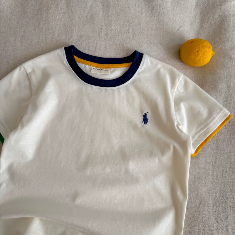 Children's Short-Sleeved 2025 Summer Boys and Girls Japanese Style Fashion Brand Embroidered Pure Cotton T-Shirt Baby Kidsren's Fashionable Contrasting Color T-Shirt