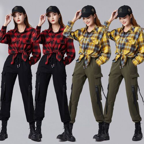 Tingzi Beauty Square Dance Costume New Set Spring Check Collared Shirt Loose Dance Wear Ghost Step Dance Group Performance Suit