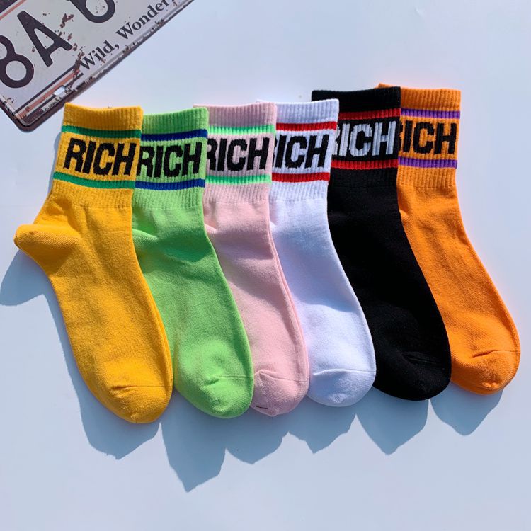 Socks men's and women's personalized mid-calf fashion brand European and American street Harajuku hip hop skateboard cute college style long cotton socks wholesale