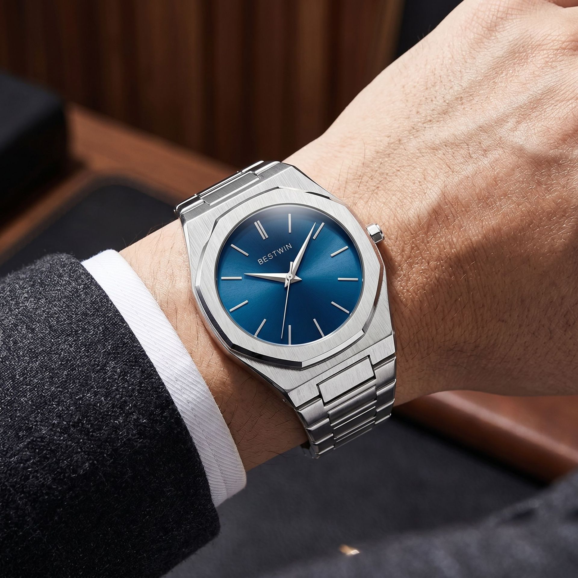 Reloj de los hombres marca impermeable cuarzo bestwin nuevo comercio exterior al por mayor popular reloj mariposa doble botón a presión
