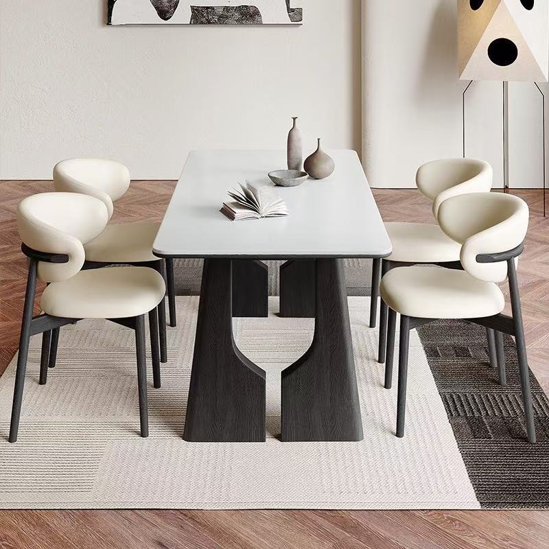 Mesas y sillas de comedor de madera maciza de estilo antiguo, mesa de comedor de tablero de roca para el hogar rectangular pequeño apartamento de celebridades de Internet negro retro francés