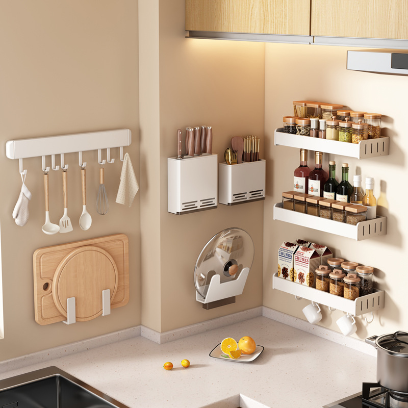 White kitchen shelf is free of hole wall hanging knife rack taste…