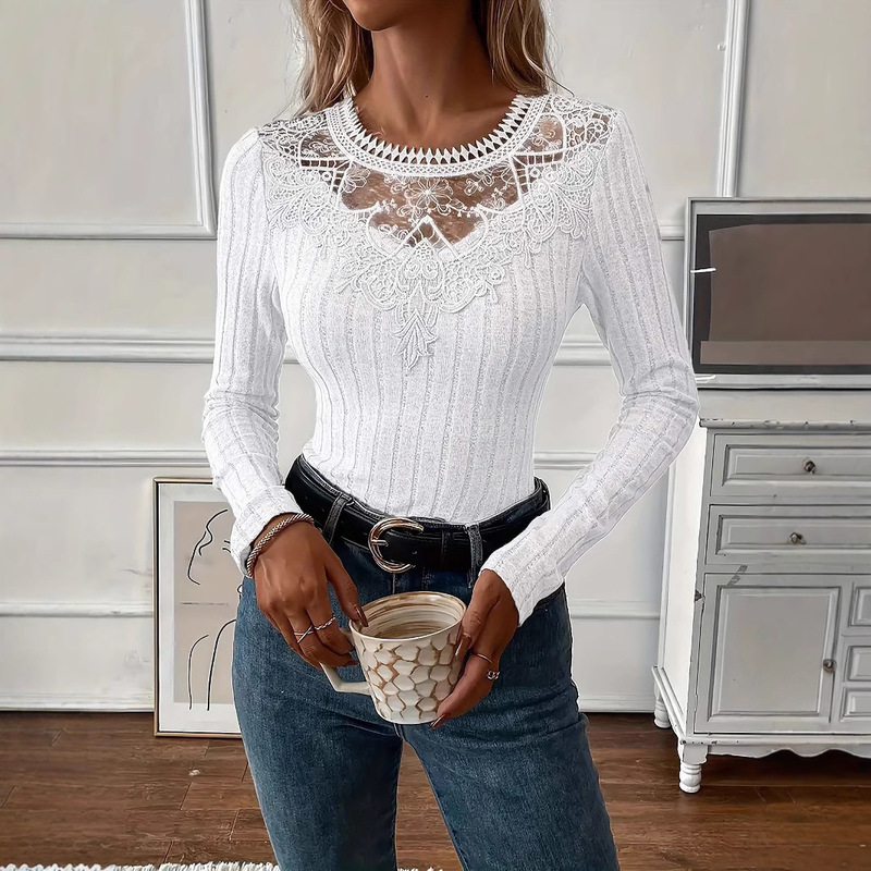 European and American Amazon Women's Tops New Long-Sleeved Tops 2025 Autumn and Winter Fashion Casual V Neck Lace