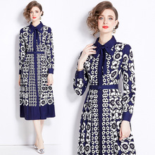 8497实拍春季新款女装复古印花气质单排扣修身显瘦衬衫长裙连衣裙