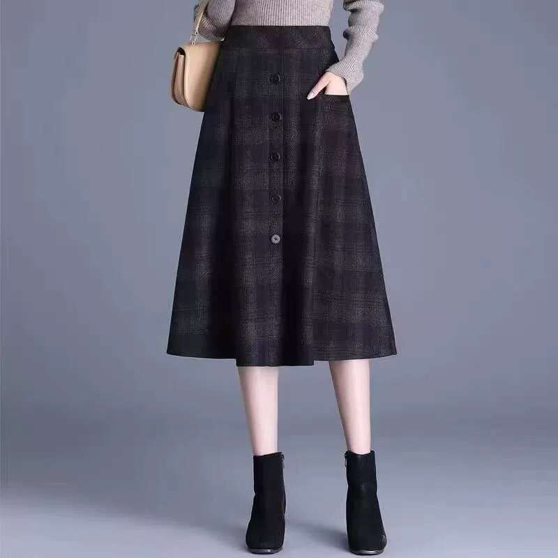Внешнеторговая трансграничная новая однобортная решетчатая юбка длинная юбка женская юбка с высокой талией темпераментная юбка среднего и длинного тонкого зонтика